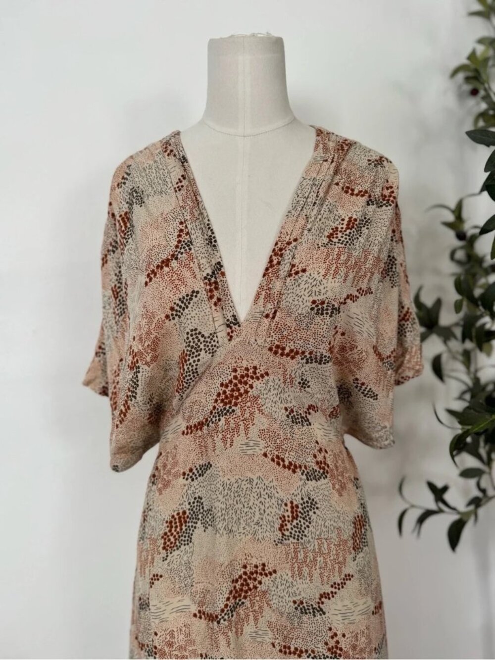 PAMPELONE - Boho Abstract Print Maxi Dress M Linen Rayon Blend Flowy Neutral - Picture 4 of 4